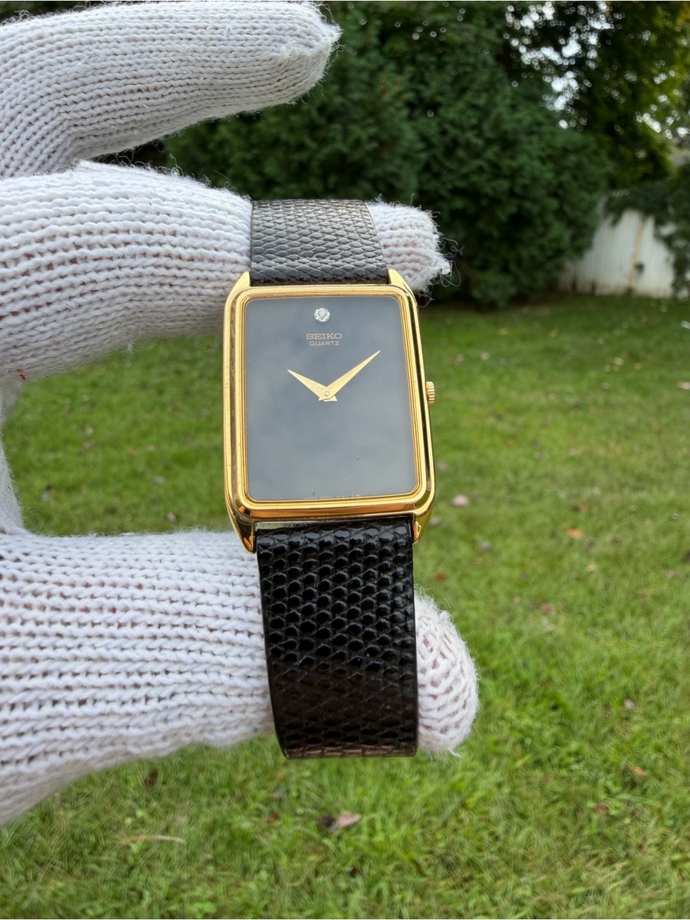 Vintage Seiko Quartz Tank Dress Watch 7430-5739 Black Dial Genuine Diamond